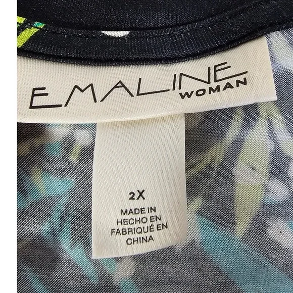 EMALINE WOMAN Floral Print Black Green White Short Sleeve Top Plus Size 2X - Picture 5 of 8